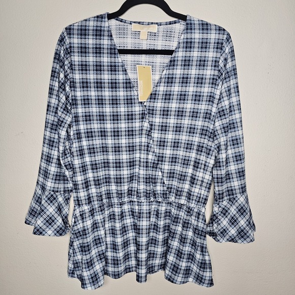 MICHAEL Michael Kors Tops - Michael Kors Women's Large Plaid Bell-Sleeve Top Chambray‎ V-Neck